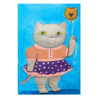 Cat Bear Balloon Original Naive Folk Outsider Art Painting 3.75x5.5 Potocki