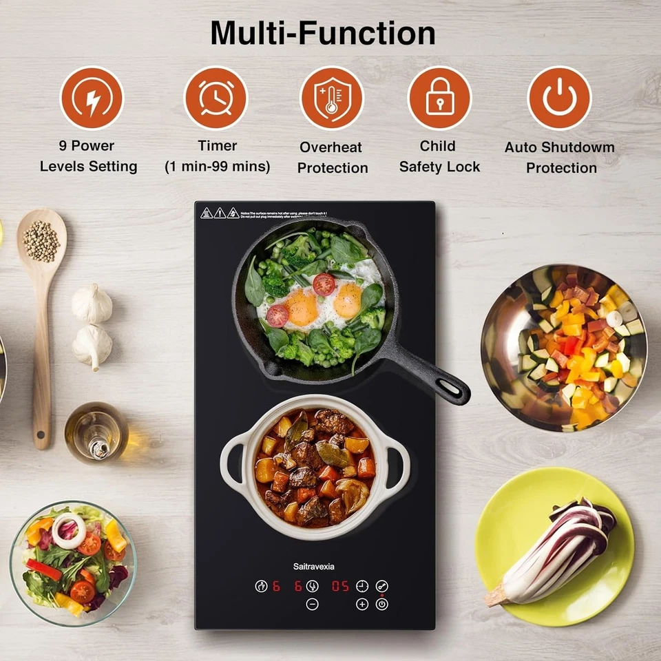 Placa de Inducción Doble 3300W Incorporada 12" Doble Quemador Control Táctil Foto 2 de 4