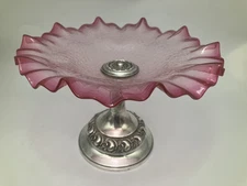 Pink Glass Silver plated Base Compote Vintage Art Glass Decor