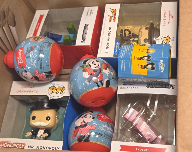 Hallmark Ornament Lot (8) Minecraft, Indiana Jones, Mr Monopoly, Disney