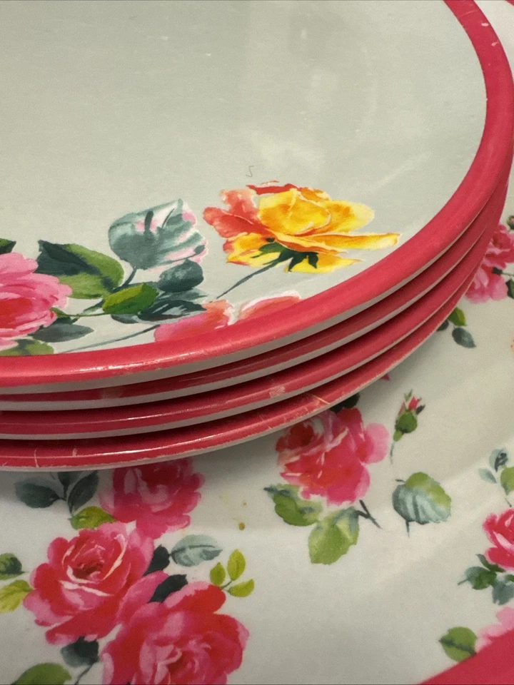 Platos de cena LAURA ASHLEY rosas rosadas y amarillas melamina 11" ensalada 7,5” 8 piezas Foto 4 de 4