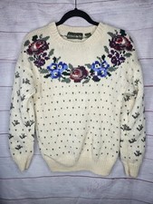 Vintage Outback Red Womens Floral Beige Cardigan Sweater 100 Wool Knit Sz M