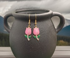 1.5  Gold-tone Enamel Tulip Rhinestone Dangle Earring Set New Free Ship B8956