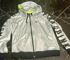 PINK Victoria's Secret Womens L Silver Full Zip Hooded Logo Hoodie Sweatshirt
