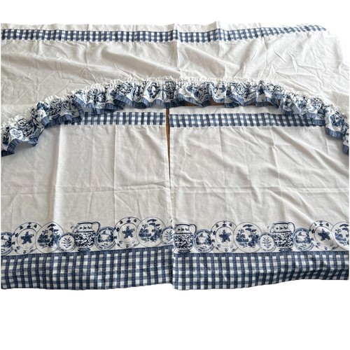 VTG SET Blue Cafe Window Curtains + Ruffle Swag Valance Cottage Blue White BHG