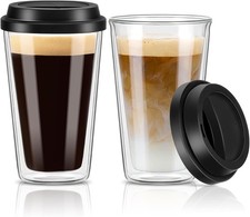 2 Packs Double Walled Glass Coffee Mugs with Silicone Lids, 12 12 OZ, Clear