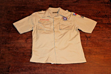 Boy Scouts of America BSA Youth Shirt Tan Large Sewn Patches Short Sleeve