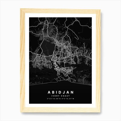 Abidjan Elfenbeinküste schwarze Karte Kunst P gerahmt Wandbild Poster Leinwanddruck Bild