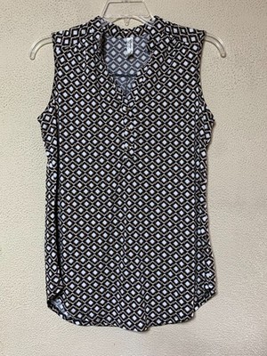 PerSeption Concept 1/4 Button Sleeveless Blouse Womens Size XL Black/White/Tan