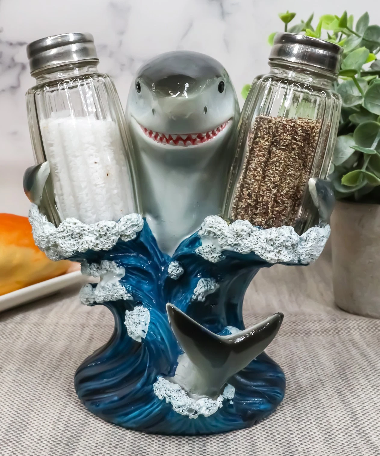 Marine Ocean Apex Predator Great White Shark Salt And Pepper Shakers Holder Set