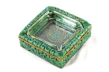 Vintage Mayan Sun God Ashtray Malachite & Glass Aztec Calendar Carved Ashtray