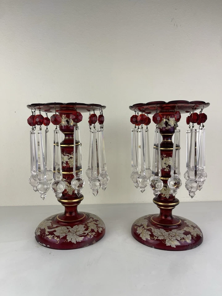 PAIR OF 19 C. HAND GOLD PAINTED RUBY MOSER LUSTERS LUSTRES OVERLAY MUSEUM G2U - Image 2 of 4