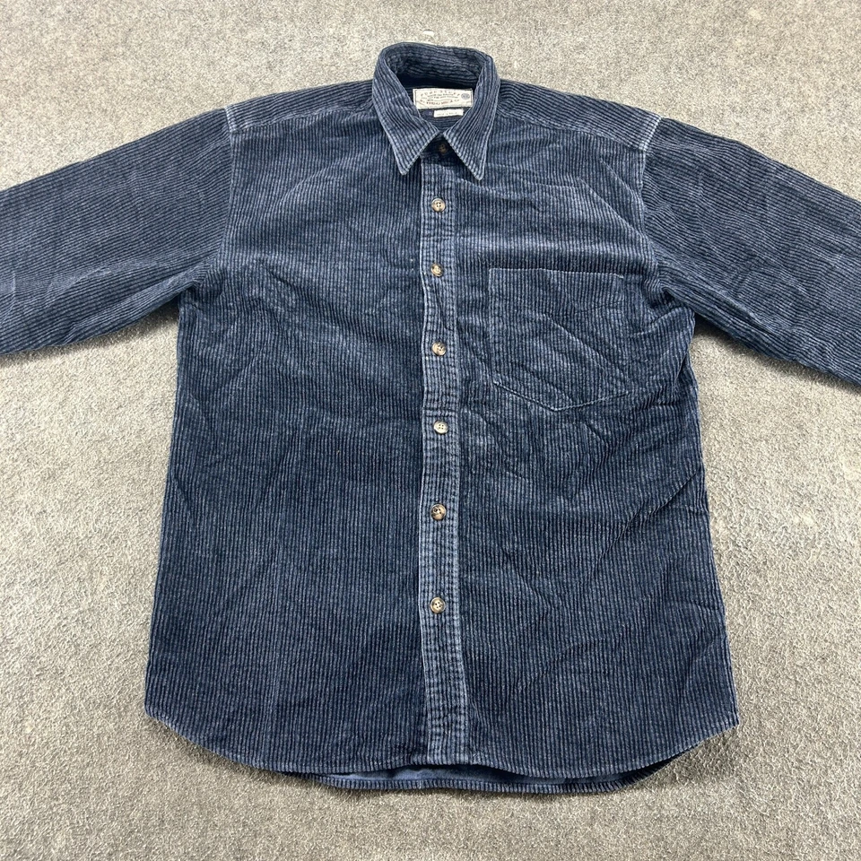 ВИНТАЖНЫЙ чисто материал рубашка мужская маленький синий темно-вельветовый на пуговицах длинным рукавом 90-х - Изображение 2 из 4