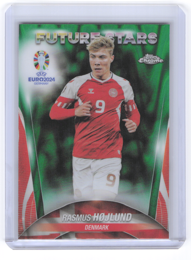2024 Topps Chrome UEFA Euro Green RayWave Refractor Rasmus Hojlund Denmark Soccer Card