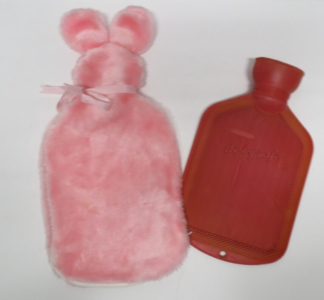 Vintage Babysafe Hot Water Bottle Red Rubber w/ Pink Bunny Fleece - Main Image