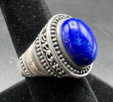 Vintage 925 Sterling Silver  Lapis Lazuli Ring Size 9 Ornate Chunky Statement