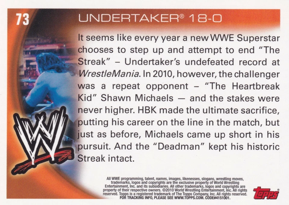 The Undertaker 2010 Topps WWE Card #73 18-0 Wrestlemania XXVI Legend Superstar - Image 2 of 4