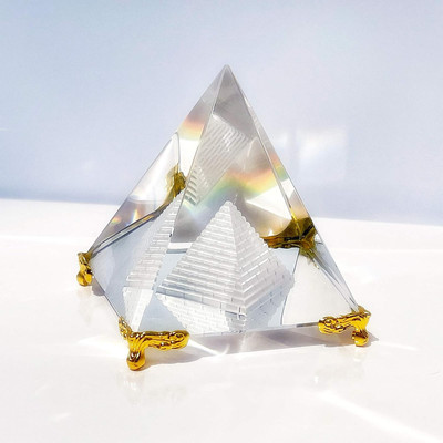Crystal Pyramid Prism, Feng Shui Crafts Meditation Crystal with Gold Stand for H