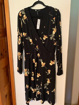 white house black market reversible dress White House Black Market Lng Sleeve Reversible Wrap Dress Black/Black  Floral NEW