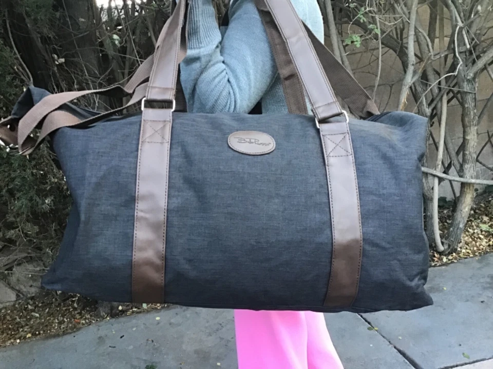 New Bella Russo Gray/Brown Canvas Large Duffel Bag Travel Overnight Vacation Gym - Изображение 2 из 4