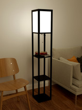 Wooden Floor Lamp with Storage Shelves Free Standing Lounge Light Shelf Office