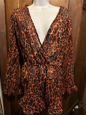 Boohoo Beach S Mesh Burnt Orange Black Leopard Print Playsuit