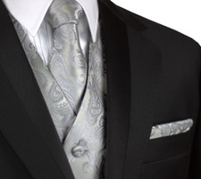 MEN'S SILVER PAISLEY FORMAL TUXEDO VEST, TIE, HANKIE SET WEDDING PROM HOMECOMING