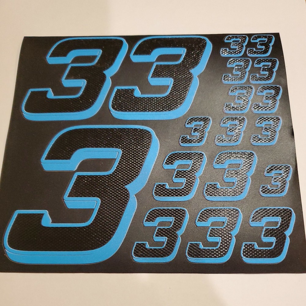 Matte Black-w/Gloss Carbon Fiber Blue #3's Racing Numbers Vinyl Decal Sheet Rc