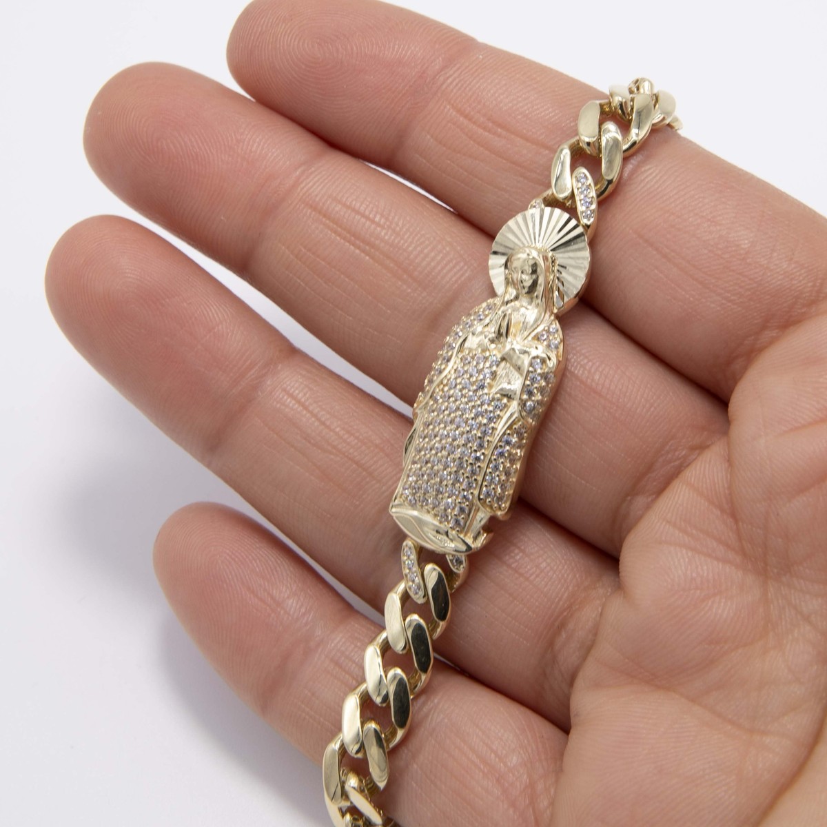 テイチク　ペアマイク　ゴールド　シルバー 10K Yellow Gold CZ Virgin Mary 7mm Cuban Link Chain Bracelet Box