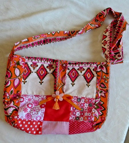 Bag Cotton Purse Handmade Quilted14 x10 ןnch Pockets pinks red orange cross body - Picture 11 of 12
