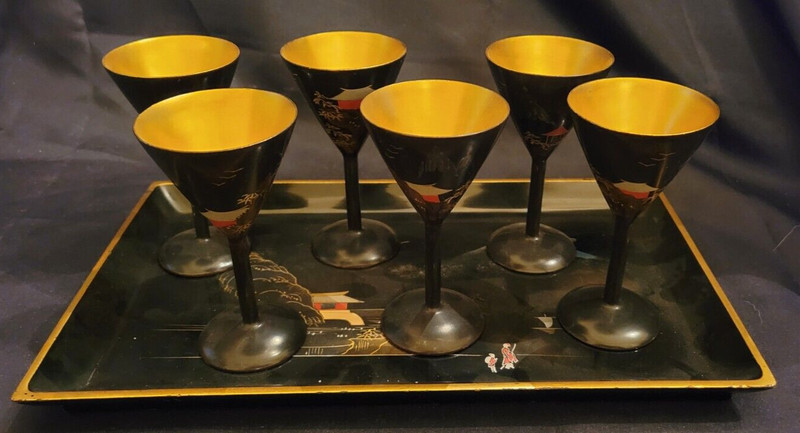 Vintage  Set of Japanese Stemmed Sake Cups w/Tray - Black/Gold Lacquer.