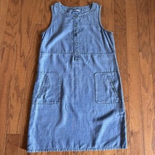 J Jill Linen Blend Dress Sz S Petite Sleeveless Shift Pockets Button Travel Blue