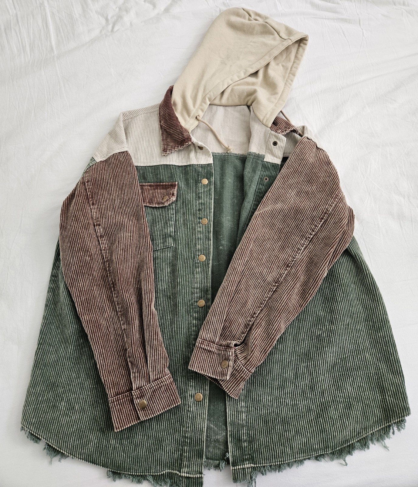 Patchwork Corduroy Hooded Jacket Shacket Green Br… - image 1