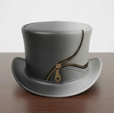 Handmade Grey Leather Top Hat Brass Zipper Steampunk Gothic Industrial Biker Hat