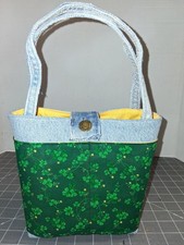 St. Patrick's Day Jean Handbag Purse 6"x7"x3.5"x6" Lucky 4 Leaf Clover Upcycled