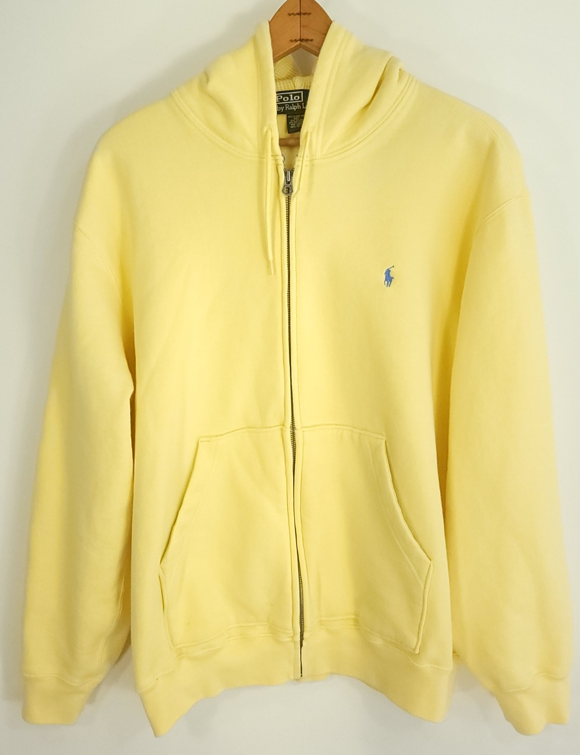 Vintage Polo Ralph Lauren felpa con cappuccio uomo XL gialla zip davanti manica lunga piccolo pony