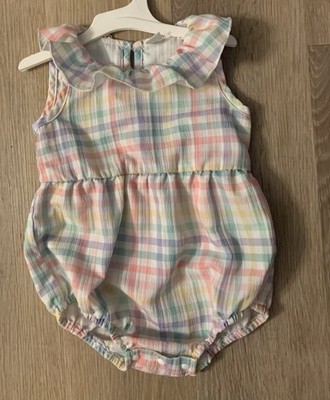 Shein Girl's Size 9-12 Months Soft Pastel Checked Sleeveless Lightweight Romper