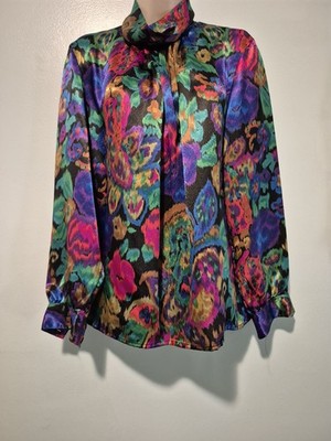 Vintage David Matthew Satin Colorful Abstract Mock Neck Top Women's Size 8...