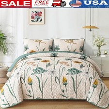 Floral Botanical Quilt Set Farmhouse Bedding W/ Pillow Covers Soft Comfortable