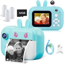 Instant Print Camera for Kids, Dual-Lens 40MP Kids Digital Video Blue Bunny