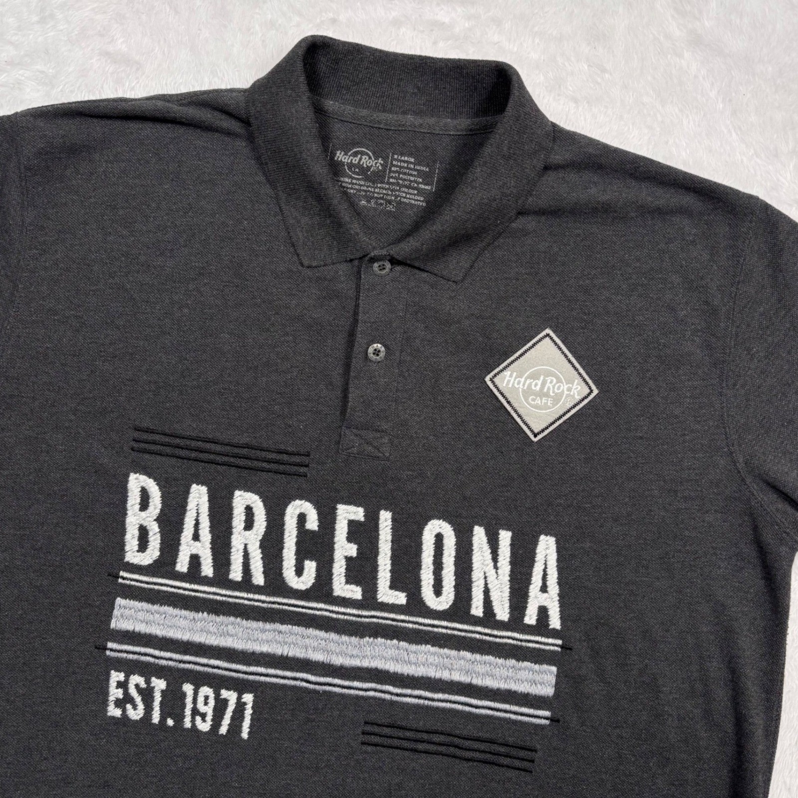VTG Hard Rock Cafe Polo Shirt XL (FIT L) Dark Gray Barcelona Est 1971 Embroider