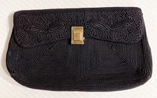 Vintage Black Clutch Purse Ornate Corde Art Deco Retro Evening Bag Classic Party