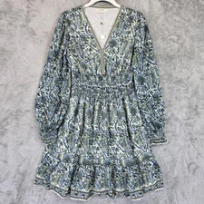 Max Studio Dress Womens Small Blue Green Floral Smocked Waist Long Sleeve Boho