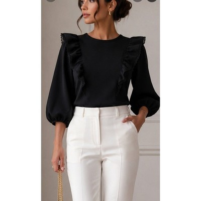 Cupio Black Ruffle Puff Sleeve top Women Size Medium 3/4 Sleeve Blouse
