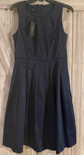 Talbots Navy Solid Fit & Flare Dress, Pleated Scoop Neck Sleeveless Zip 6