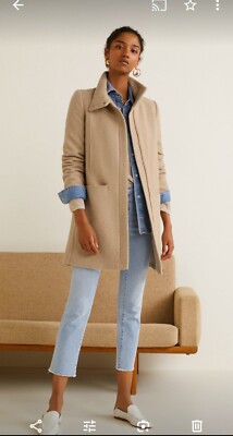 Mango Womens Wool Blend Funnel Neck Beige Marl Coat Size S