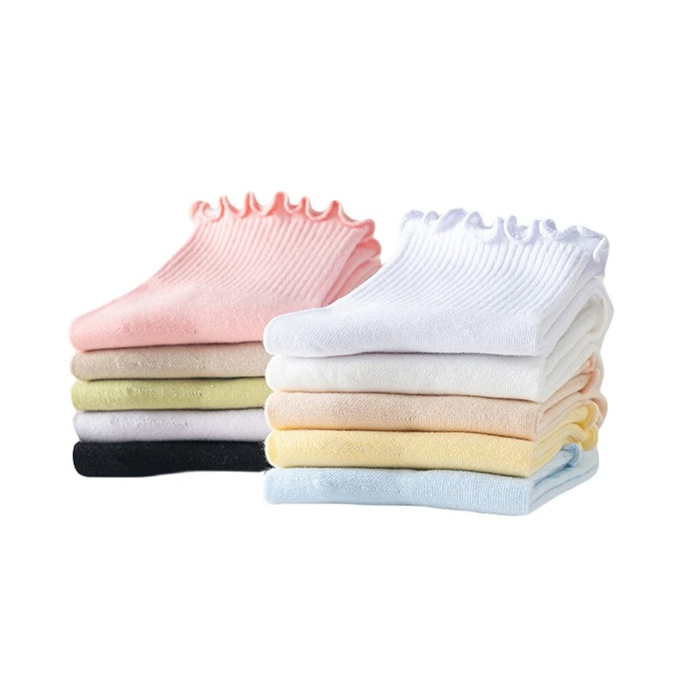 5 pares de calcetines tobilleros lisos de algodón con borde de volantes de verano para mujer YX24210 Foto 2 de 4