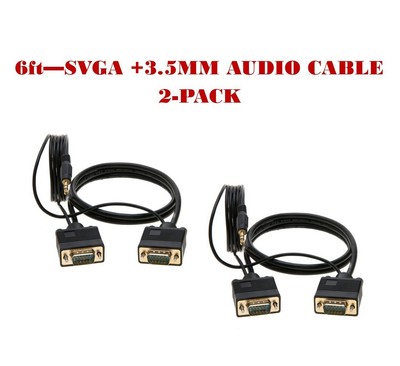 2-Pack - 6FT SVGA M/M + 3.5mm Aux Audio Cable Jack for Monitor PC Projector TV