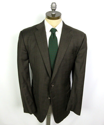 HICKEY FREEMAN Suit Loro Piana Super 150s Wool Brown Plaid Check 46L Jacket Pant