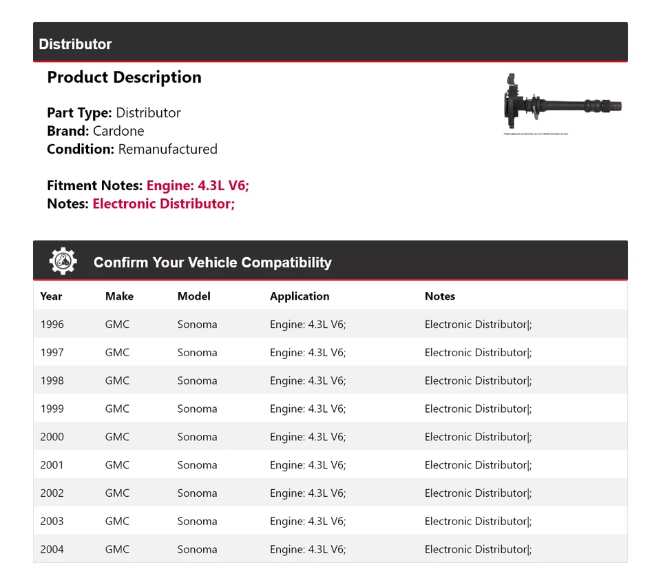 Для 1996-2004 GMC Sonoma 4,3 л V6 дистрибьютор Cardone 1997 1998 1999 2000 2001 - Изображение 2 из 4